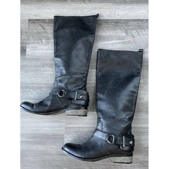 Coach Natale Black Tall Leather Riding Boots 7.5 Pull On Megan Markle Knee - Picture 1 of 10